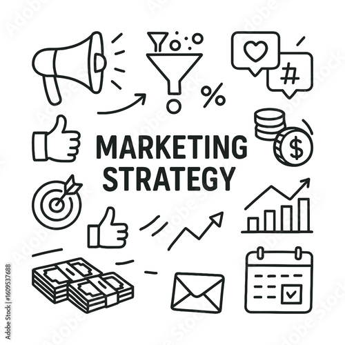 Marketing Strategy Icons, Digital Marketing Elements, Sales Funnel, SEO Growth, Email Campaign, Social Media Promotion, Target Audience, Content Strategy, Business Growth Plan, ROI and KPI Tracking