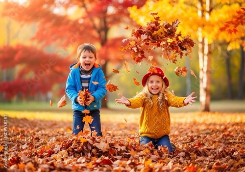 Two young children, a male and a female, appearing joyful and playful, throw colorful autumn leaves into the air in a park
