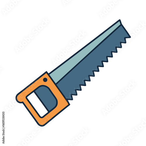 Hand Saw Illustration with Orange Handle and Blue Blade Isolated on White