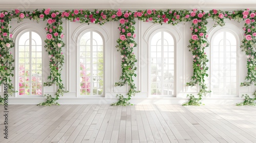 Interior with White Arched Windows and Rose Garland