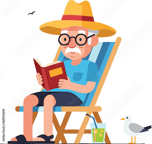 Elderly man relaxes in beach chair, reading book, enjoying summer drink and seagull view.