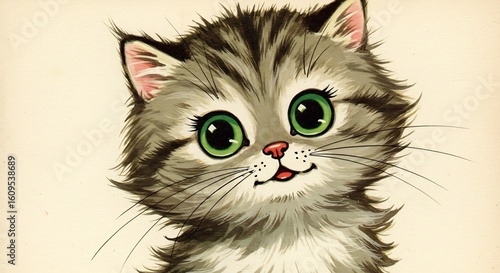 Charming vintage illustration of a fluffy kitten with big green eyes.