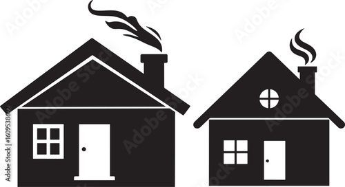 Two houses with smoke coming from chimneys silhouette
