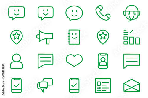 Comprehensive collection of stylized line art symbols representing customer opinions satisfaction levels and communication methods for digital interfaces and presentations