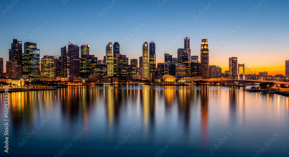 A modern city skyline with illuminated skyscrapers reflects beautifully on calm water at dusk, under a colorful sky A modern city skyline with illuminated skyscrapers reflects beautifully on calm water at dusk, under a colorful sky