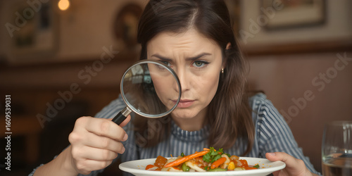 Woman scrutinizes dish with magnifying glass. Restaurant client examines meal ingredients closely. Possible food critic picky eater inspecting restaurant food. Unhappy expression suggests concern