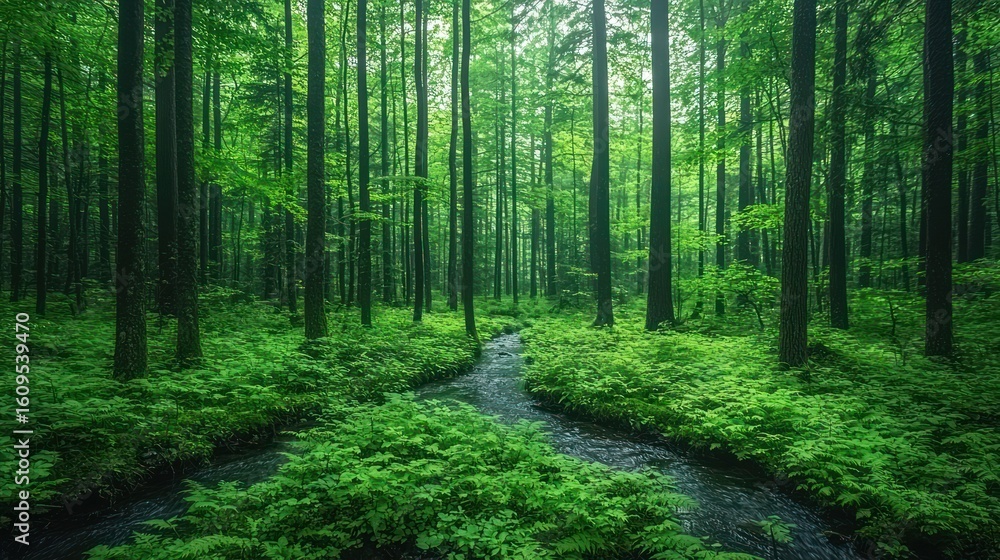 Obraz premium Forest stream surrounded by lush greenery