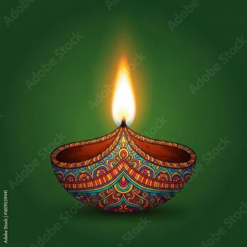 Traditional Brass Oil Lamp with Flame on Decorative Plate – Diwali Puja Setup