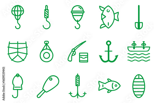 Collection of fishing line graphics and symbols showcasing angling equipment and outdoor recreation activities
