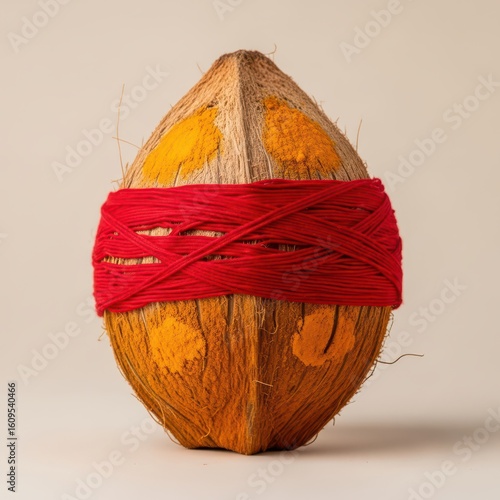 Sacred Coconut with Kalash Markings and Red Thread – Traditional Hindu Ritual Symbol