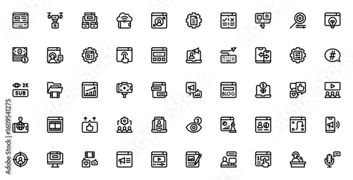 Content Creator icon set. Digital marketing vector icons. Includes content management, camera drone, live streaming, vlog, social engagement, podcast and more. Editable stroke design.