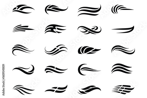 
Collection of abstract swirling brush stroke curves, wavy shapes, decorative design elements, Tribal tattoo Symbols Swirl Motifs on a white background