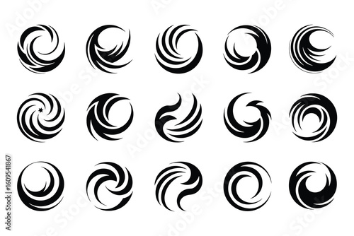 
Collection of abstract swirling brush stroke curves, wavy shapes, decorative design elements, Tribal tattoo Symbols Swirl Motifs on a white background
