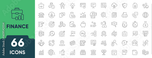 Business Finance Line Icon Set. Set of 66 outline icons including money, investment, revenue, budget, profit, accounting, financial growth, and analysis. Editable stroke. Linear vector illustration.