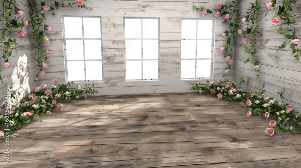 Fototapeta premium Room with Wooden Floor Windows and Roses