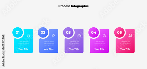 Vibrant five step infographic displaying process flow, suitable for business and project organization presentations, concept illustrations, and workflow visualizations