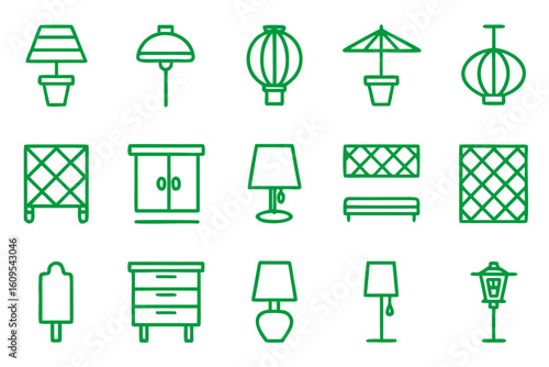 Comprehensive collection of minimalist home furnishing symbols and interior design elements presented in a clean line art style for diverse applications