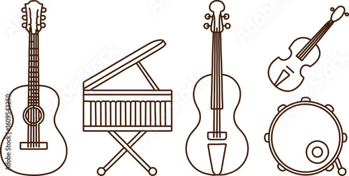 A variety of musical instruments including guitars, a piano, a violin, and a drum