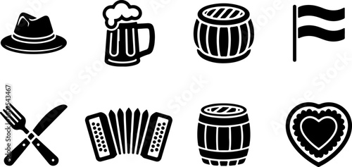 A collection of oktoberfest symbols including a hat, beer mug, barrels, flag, cutlery, accordion, and heart cookie