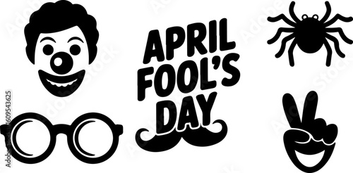 April fools day icons including a clown face, spider, glasses, mustache, and peace sign