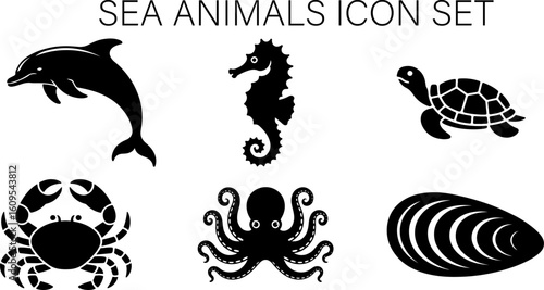 A collection of black silhouette icons representing various sea animals and a mussel shell