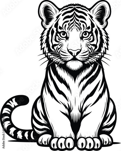 Adorable Black and White Vector Illustration of a Sitting Tiger Cub