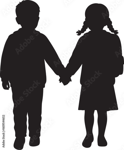 Silhouette of a couple, a man and a woman, walking hand in hand, a vector illustration of people in love