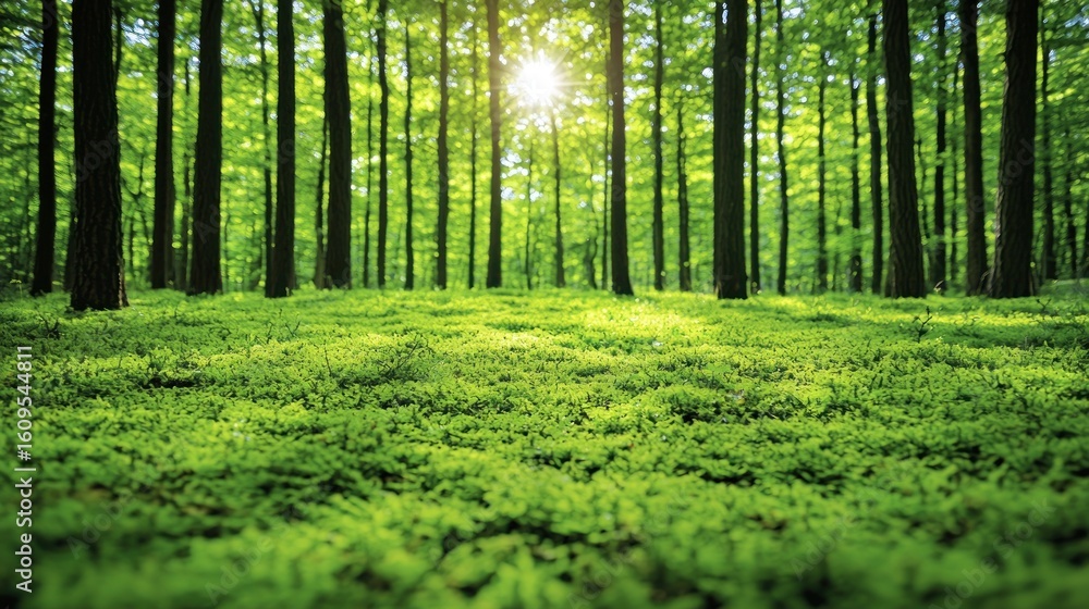 Obraz premium Forest view sun streams through the trees