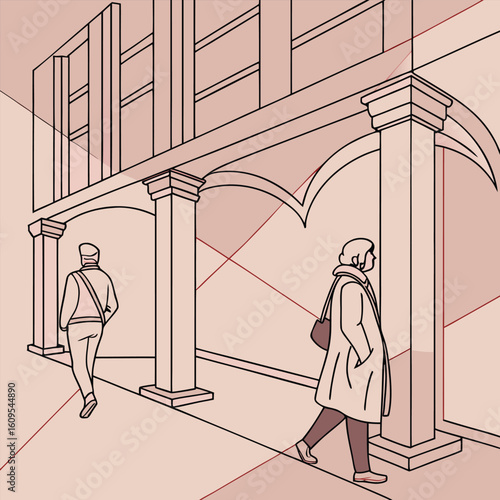 Illustration of two figures walking under an archway with pillars and a building facade above them nicely