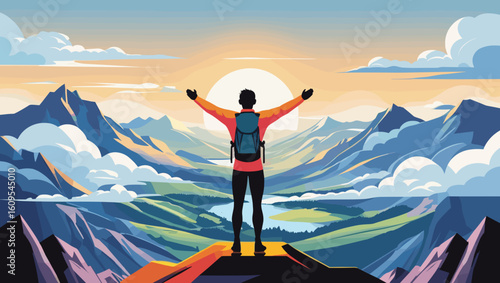 Hiker with a triumphant mood raising hands at sunrise in the mountains