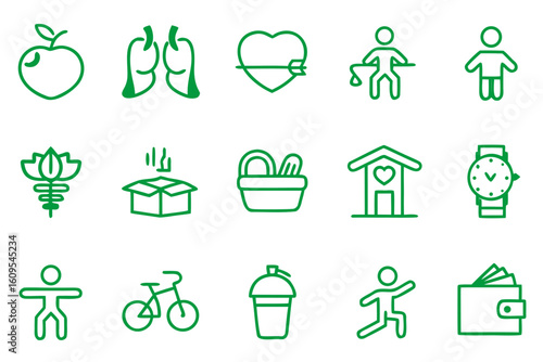 Collection of clean linear icons depicting positive daily routines and beneficial lifestyle choices for wellness and self improvement