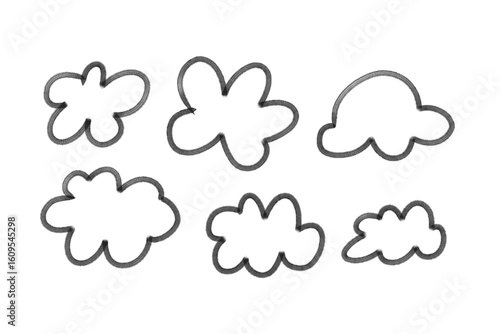 Hand Drawn Cloud Outlines Set, Black Doodle Clouds Isolated on Transparent Background