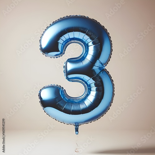 Shiny Blue Number Three Balloon, Celebrating Third Birthday or Anniversary