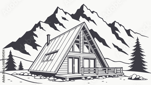Illustration of a frame house with a chimney and a deck in front of a mountain range with pine trees around it