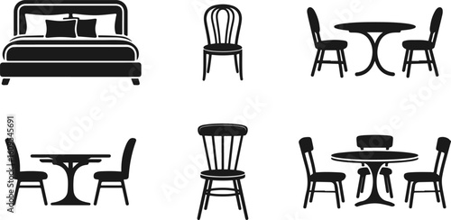 A collection of furniture icons including a bed and various dining table and chair sets