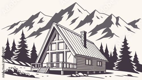 Illustration of a frame house with a chimney and a porch surrounded by trees and mountains in the background