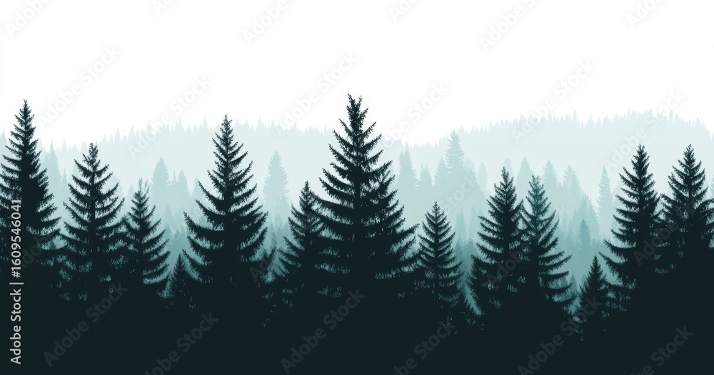 Obraz premium A modern illustration of a taiga view showcases a coniferous forest with firs and pines, complemented by a landscape of trees and grass, presented as a silhouette on a white background