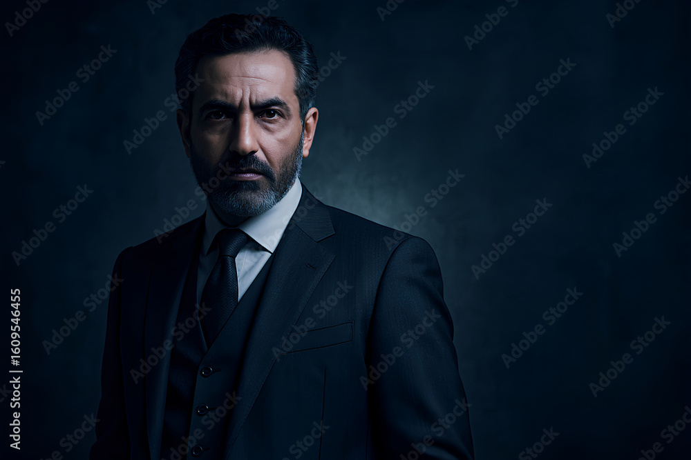 Fototapeta premium Confident businessman with distinguished beard looks intensely at camera in suit