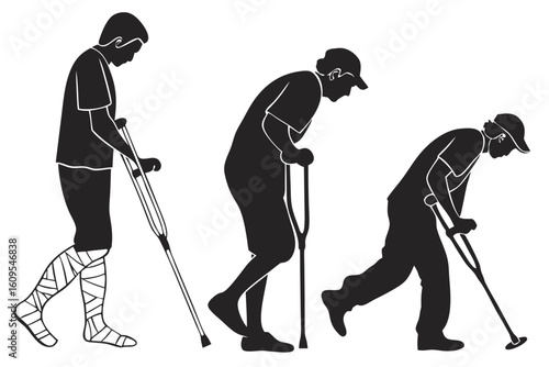Progression of human mobility challenges from injury to old age isolated on transparent background
