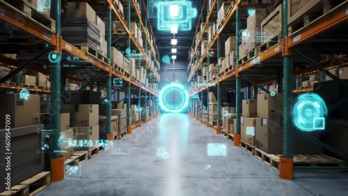 Wallpaper Mural Smart Warehouse with Digital Data Overlay Inventory Tracking Efficiency Concept Torontodigital.ca