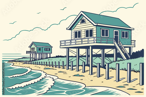 Illustration of two beach houses on stilts with waves and clouds in the background creating a coastal scene