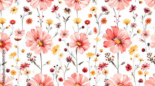 seamless pattern with pink flowers watercolor