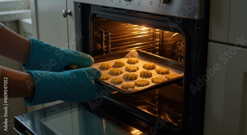 Hands place tray of cookies into hot oven with baking gloves