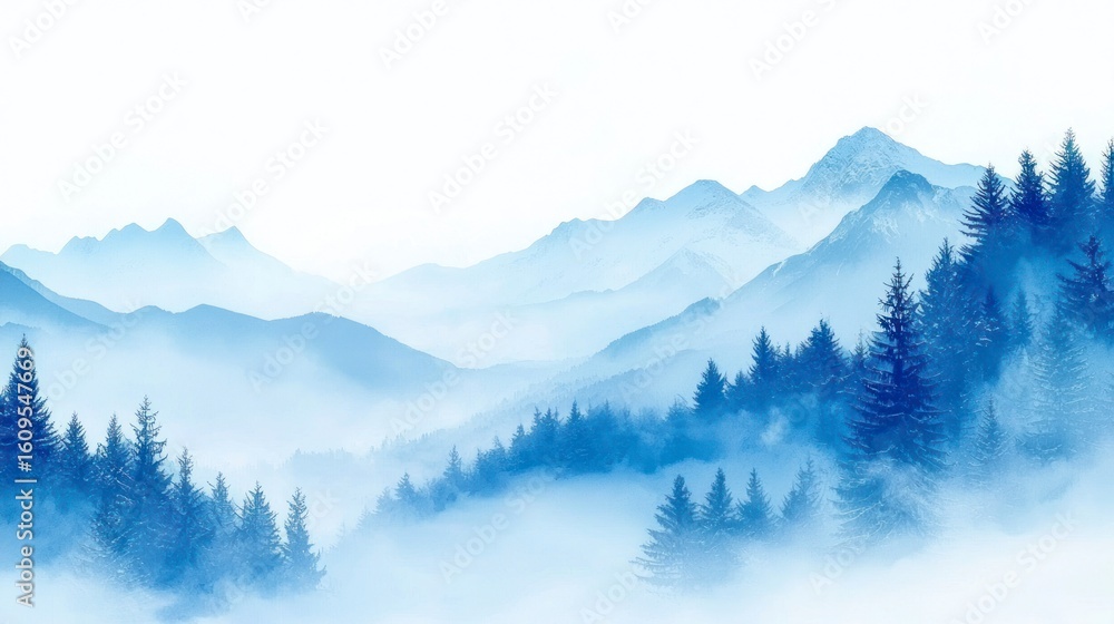 Obraz premium Forested mountains in fog, serene blue and white