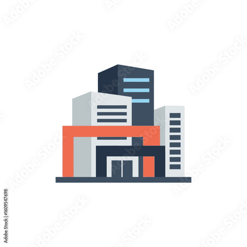 Modern office building design with sleek lines and vibrant coral accents, perfect for corporate branding and architectural concepts