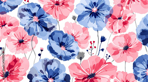 Blue and red  floral spring background with watercolor, abstract blue background with flowers	