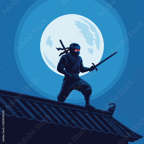 Pixel art ninja with a sword standing on a rooftop in front of a full moon.