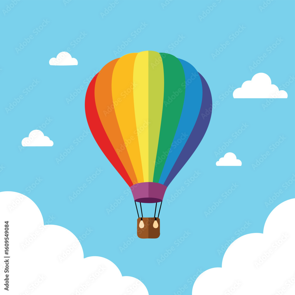 Obraz premium Vibrant Rainbow Hot Air Balloon Ascending Through Clouds.