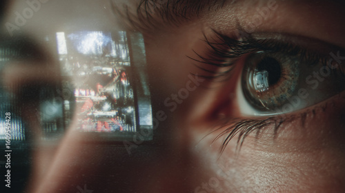 Fotografie A shot of a personâs eyes reflecting vintage footage on a monitor