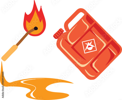 Burning match igniting spilled liquid near fuel can fire flame